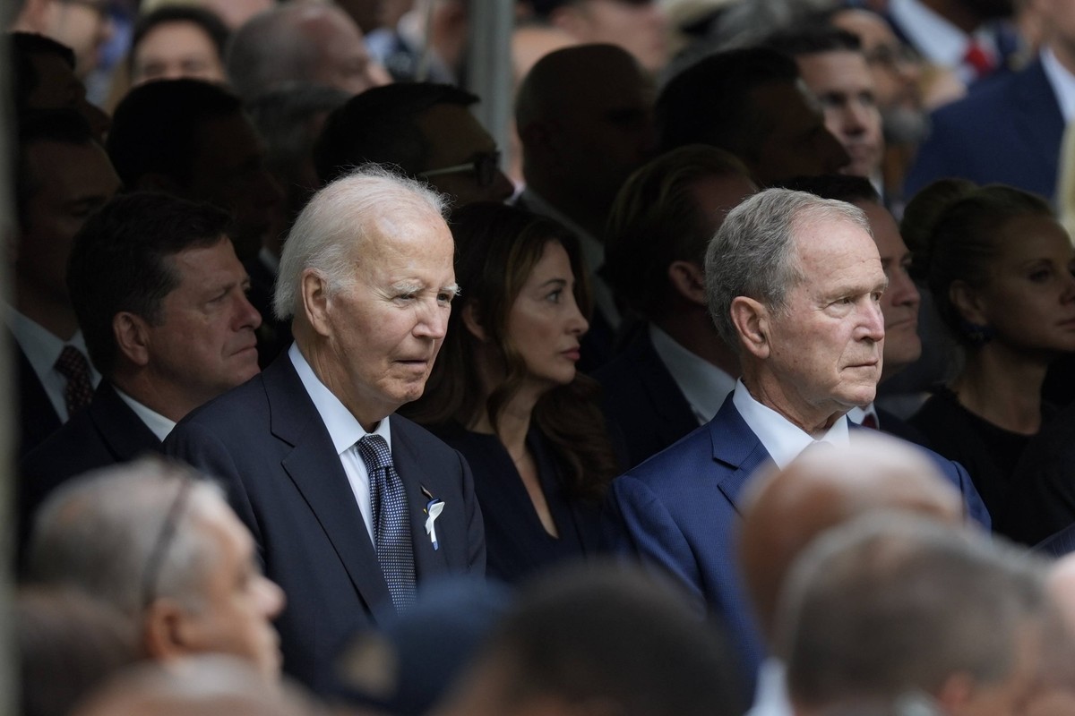 Former U.S. Presidents George Bush R and Joe Biden attend the 9/11 memorial ceremony in New York, USA 11 September 2026. Biden, Obama, and Mamdani commemorate 9/11 in New York at a ceremony without Tr ...
