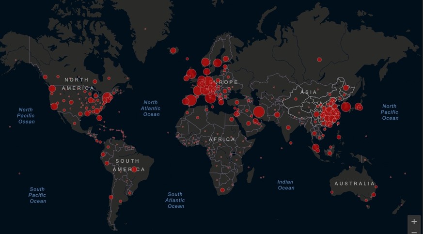 Karte: Coronavirus, Covid-19-Fälle weltweit, Stand 20.3.2020
https://gisanddata.maps.arcgis.com/apps/opsdashboard/index.html#/bda7594740fd40299423467b48e9ecf6