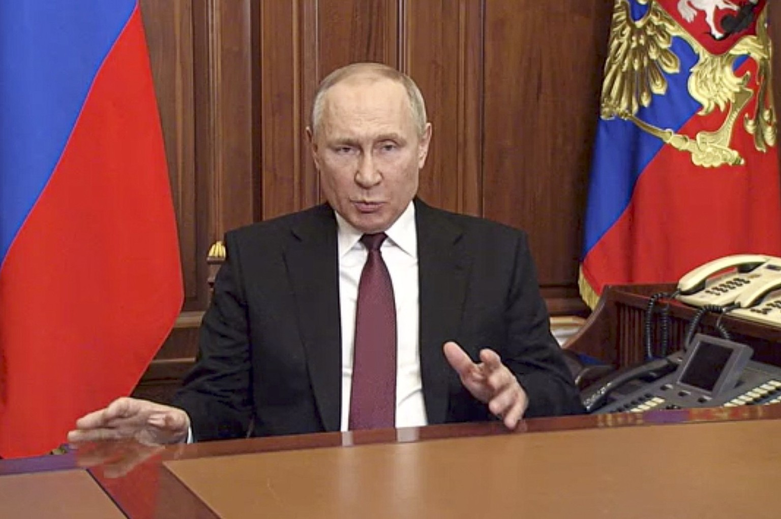 In this image made from video released by the Russian Presidential Press Service, Russian President Vladimir Putin addressees the nation in Moscow, Russia, on Feb. 24, 2022. Putin on Friday Dec. 8, 20 ...