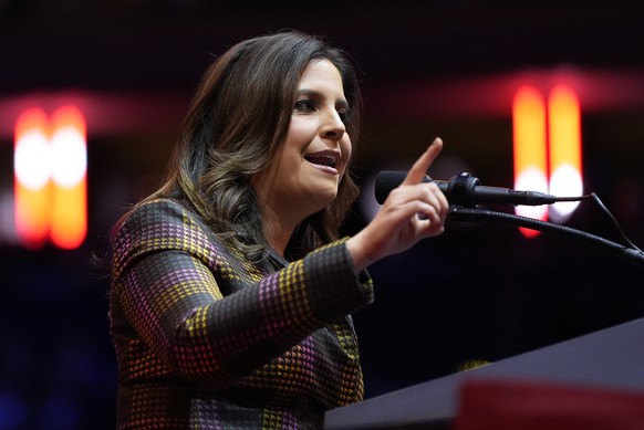 FILE - Rep. Elise Stefanik, R-N.Y., speaks before Republican presidential nominee former President Donald Trump at a campaign rally at Madison Square Garden, Oct. 27, 2024, in New York. President-elec ...