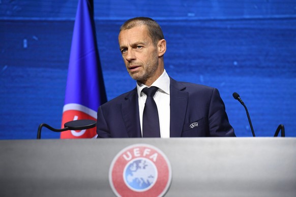 epa09146635 A handout photo made available by the UEFA of UEFA President Aleksander Ceferin speaking at the 45th Ordinary UEFA Congress in Montreux, Switzerland, 20 April 2021. EPA/Richard Juilliart / ...