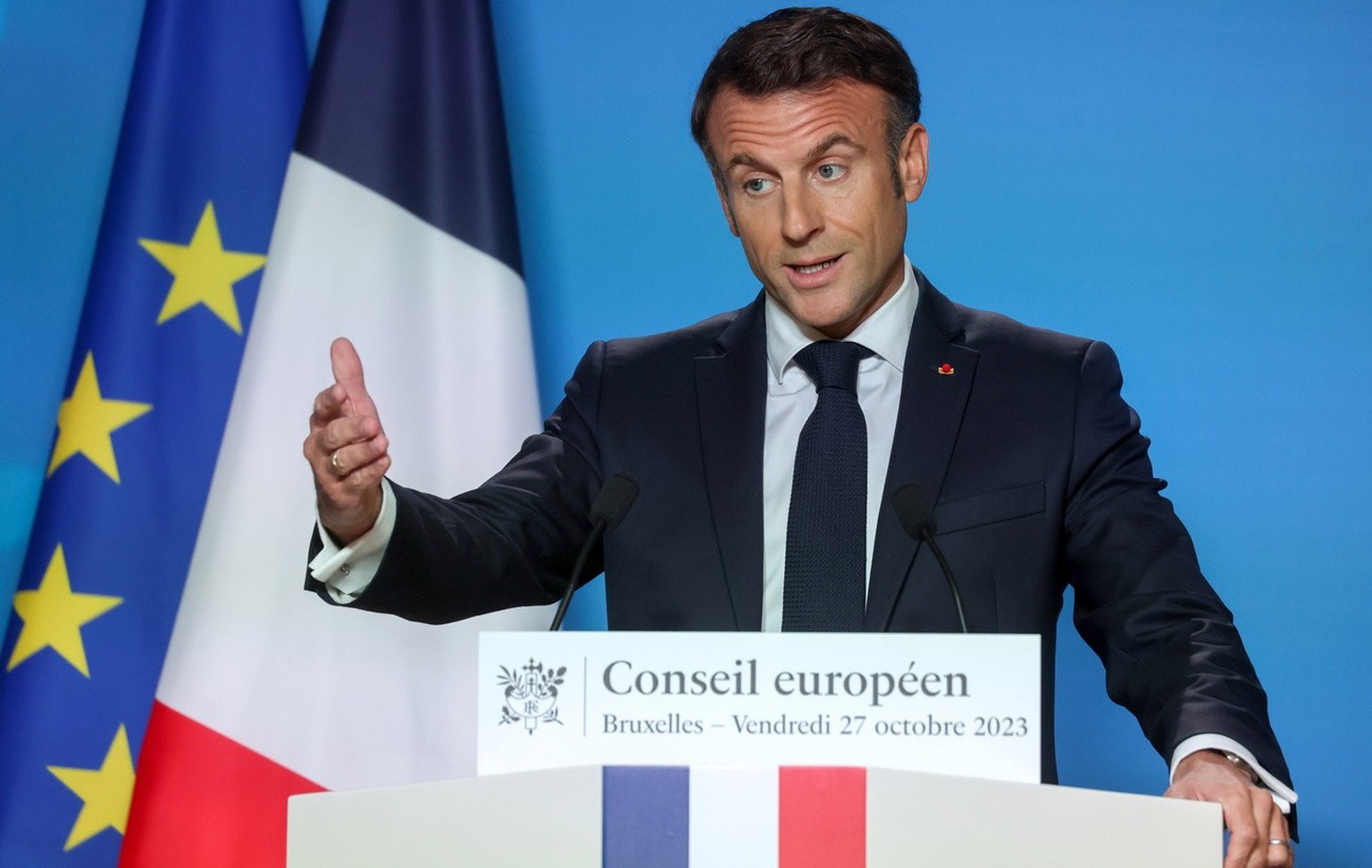 epa10942687 French President Emmanuel Macron gives a press conference at the end of the second day of the European Council meeting in Brussels, Belgium, 27 October 2023. In a two-day summit on 26-27 O ...