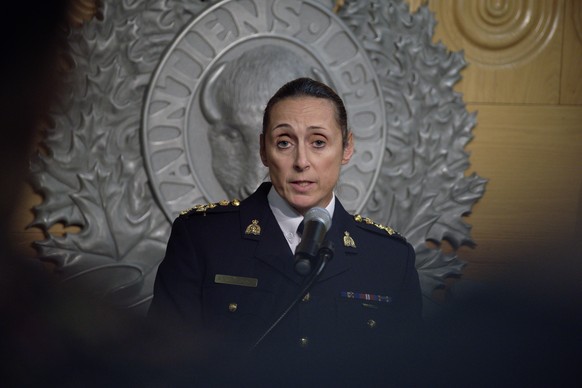 Assistant Commissioner Rhonda Blackmore speaks during a press conference at the Royal Canadian Mounted Police &quot;F&quot; Division headquarters in Regina, Saskatchewan, on Sunday, Sept. 4, 2022. Aut ...