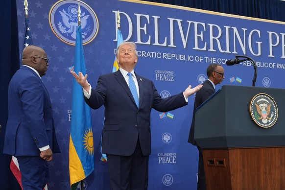 President Donald Trump arrives for a signing ceremony with Rwanda&#039;s President Paul Kagame and Democratic Republic of Congo President Felix-Antoine Tshisekedi at the Donald J. Trump Institute of P ...