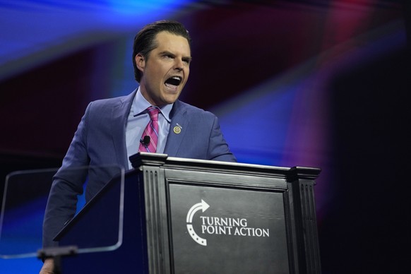 U.S. Rep. Matt Gaetz, R-Fla., speaks during the Turning Point Action conference, Saturday, July 15, 2023, in West Palm Beach, Fla. (AP Photo/Lynne Sladky)
Matt Gaetz
