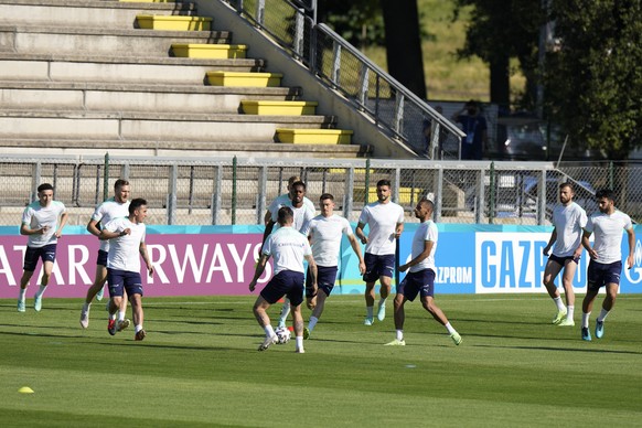 Switzerland players practice during a team training session, at Rome&#039;s Tre Fontane sports center, Sunday, June 13, 2021 in view of the Euro 2020 soccer championship group A match between Italy an ...