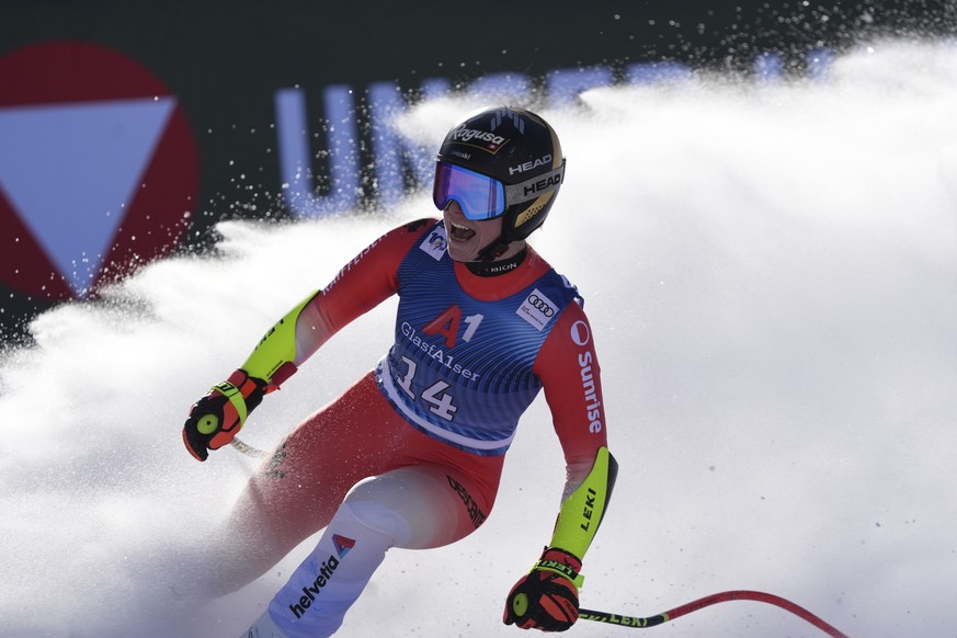 Switzerland's Lara Gut Behrami reacts after completing an alpine ski, women's World Cup super G race, in Altenmarkt-Zauchensee, Austria, Sunday, Jan. 14, 2024. (AP Photo/Giovanni Auletta)