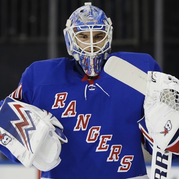 New York Rangers goaltender Alexandar Georgiev (40) reacts after New York Islanders&#039; Josh Bailey (12) scored a goal during the first period of an NHL hockey game Tuesday, Jan. 21, 2020, in New Yo ...