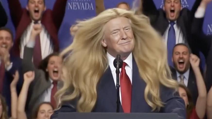 Deepfake // KI-generiertes Bild

Trump mit Langhaar-Frisur. August 2026.