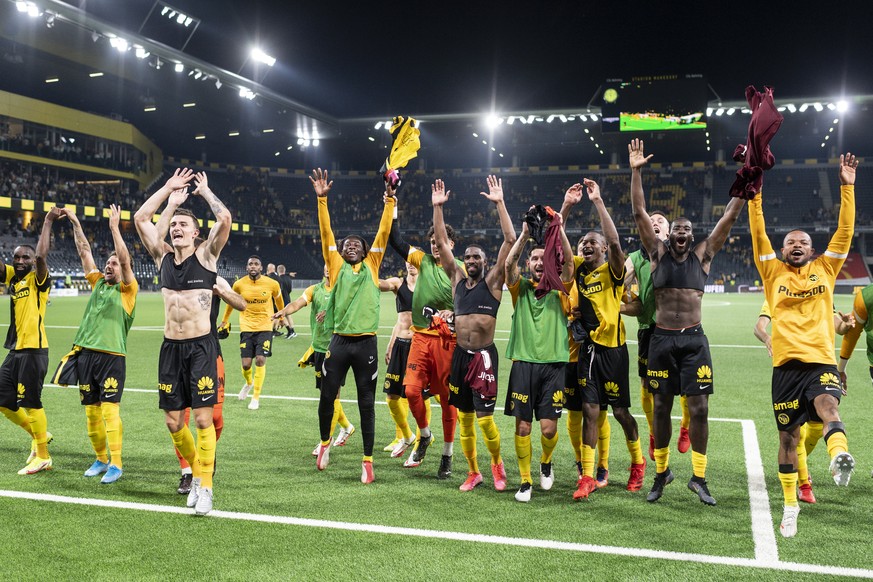 YB's players celebrates after winning the UEFA Champions League 2nd leg third qualifying round soccer match between BSC Young Boys and CFR Cluj of Romania, at the Wankdorf stadium on Tuesday, August 1 ...