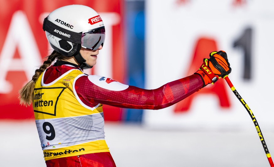 epa11882198 Mirjam Puchner of Austria reacts in the finish area during the Women&#039;s Downhill race at the FIS Alpine Skiing World Championships in Saalbach Hinterglemm, Austria, 08 February 2025. E ...