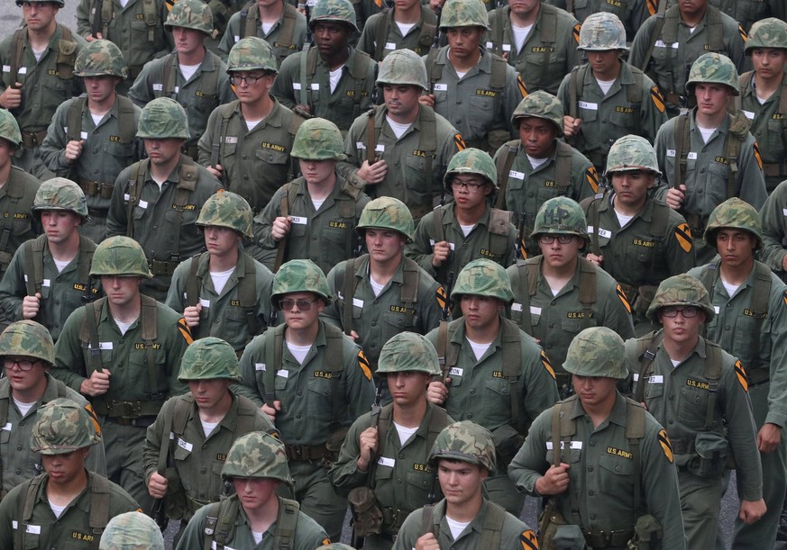 June 14, 2025, Washington Dc, Virginia, USA: Soldiers dressed in Vietnam War uniforms march during the Army 250th Anniversary Parade in Washington, DC, USA, on June 14, 2025. The parade, which happene ...