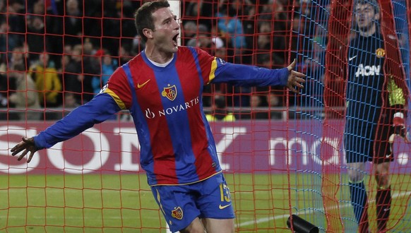 Basel&#039;s Alex Frei celebrates after scoring the 2-0 during the UEFA Champions League Group C soccer match between Switzerland&#039;s FC Basel and England&#039;s Manchester United FC at the St. Jak ...