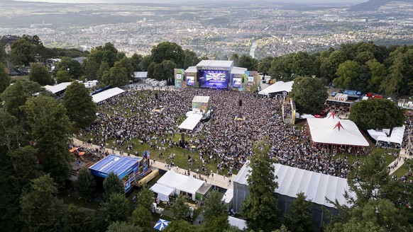 epa12242159 An aerial view of the main stage during the concert of the German rapper August Jean Diederich, also known as, Ski Aggu, at the 42th Gurtenfestival edition, in Bern, Switzerland, 16 July 2 ...