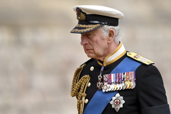 King Charles III arrives for the Committal Service of Queen Elizabeth II, at St George&#039;s Chapel, Windsor, Monday Sept. 19, 2022. (Justin Setterfield/Pool Photo via AP)