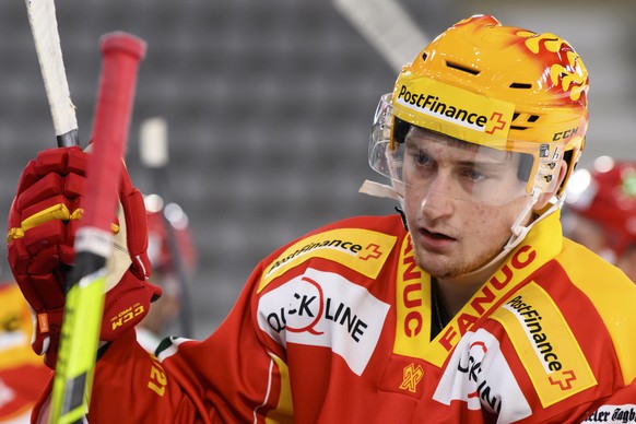 Der Bieler PostFinance Top Scorer Janis Moser, beim Eishockey Meisterschaftsspiel der National League zwischen dem EHC Biel und den HC Davos, am Freitag, 13. November 2020, in der Tissot Arena in Biel ...