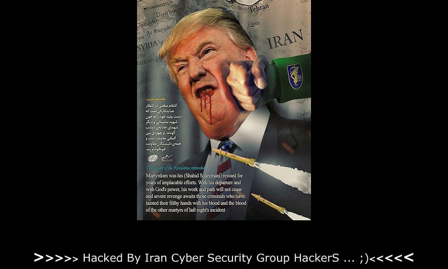 Faust trifft Trump. «Dies ist nur ein kleiner Teil der iranischen Cyber-Fähigkeiten», hinterliessen unbekannte Angreifer als Botschaft auf der verunstalteten Webseite.