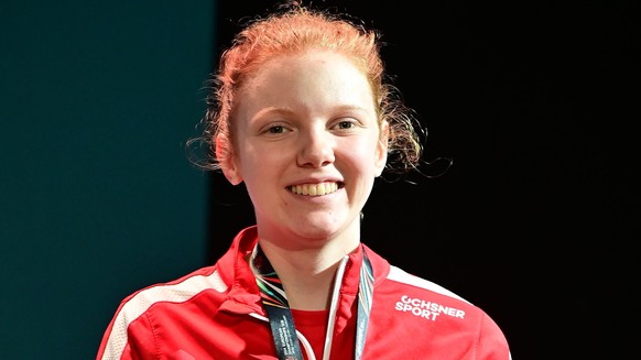 epa11191868 bronze medal winner Audrey Gogniat of Switzerland poses during the medal ceremony of women&#039;s 10-meter air rifle final at the European Shooting Championships in Gyor, Hungary 01 March  ...