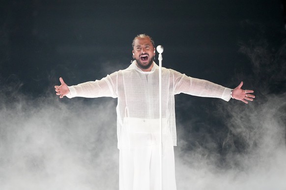 Slimane of France performs the song Mon Amour during the dress rehearsal for the second semi-final at the Eurovision Song Contest in Malmo, Sweden, Wednesday, May 8, 2024. (AP Photo/Martin Meissner)
S ...