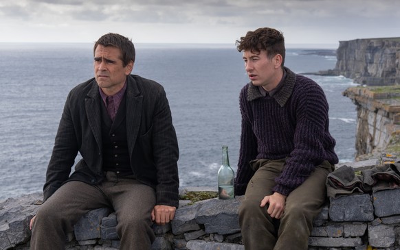 This image released by Searchlight Pictures shows Colin Farrell, left, and Barry Keoghan in "The Banshees of Inisherin." (Searchlight photos via AP)