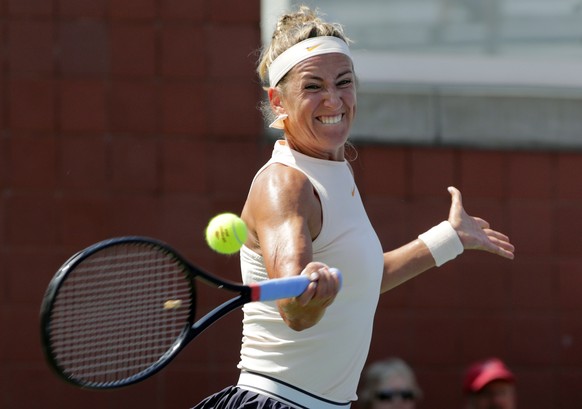 Victoria Azarenka, of Belarus, returns the ball to Daria Gavrilova, of Australia, during the second round of the U.S. Open tennis tournament, Wednesday, Aug. 29, 2018, in New York. (AP Photo/Frank Fra ...