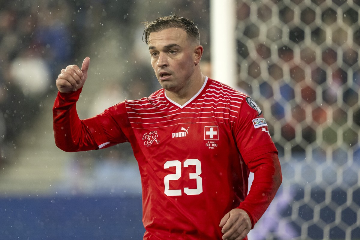 Switzerland's Xherdan Shaqiri during the UEFA Euro 2024 qualifying group I soccer match between Switzerlandat and Kosovo at the St. Jakob-Park stadium in Basel, Switzerland, on Saturday, November ...