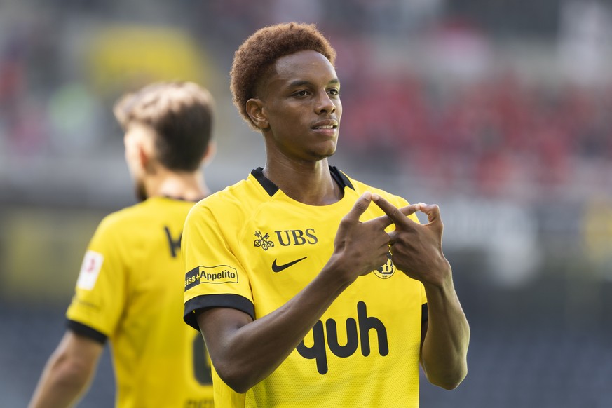 Alvyn Sanches (YB) jubelt ueber sein Tor zum 3-2 im Super League Spiel zwischen dem BSC Young Boys und dem FC Vaduz, am Sonntag, 23. August 2026 im Stadion Wankdorf in Bern. (KEYSTONE/Peter Klaunzer)