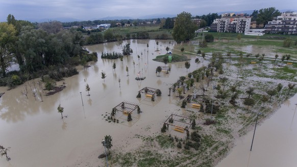 epa11670583 A view of the Castenaso park near the completely flooded Idice river, Castenaso, northern Italy, 20 October 2024. A wave of bad weather hit Italy on 19 October prompting bad weather alerts ...