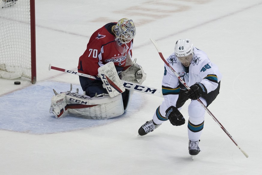 San Jose Sharks center Tomas Hertl (48), from the Czech Republic, celebrates his game-winning goal for a hat trick past Washington Capitals goaltender Braden Holtby (70) in the overtime portion of an  ...