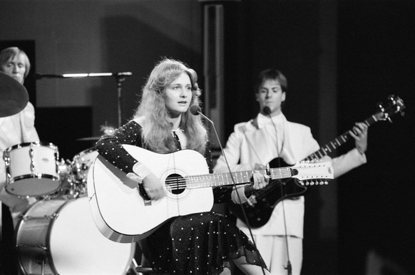 Nicole, representing Germany, performing her song during the Eurovision Song Contest in Harrogate, North Yorkshire. 24th April 1982. (Photo by Bill Rowntree/Mirrorpix via Getty Images)