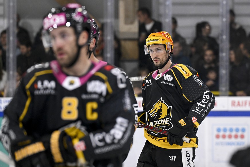 Ajoies PostFiance Top Scorer Jonathan Hazen, rechts, und Ajoies Philip-Michael Devos, links, reagieren beim Eishockey Meisterschaftsspiel der National League zwischen dem HC Ajoie und dem HC Fribourg- ...