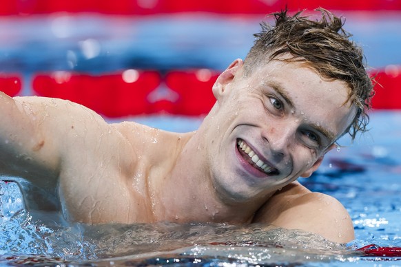 Roman Mityukov (SUI) celebrates after finishing third in the Men&#039;s 200m Backstroke Final during the swimming events at the 2024 Paris Summer Olympics at La Defense Arena, in Paris, France, Thursd ...