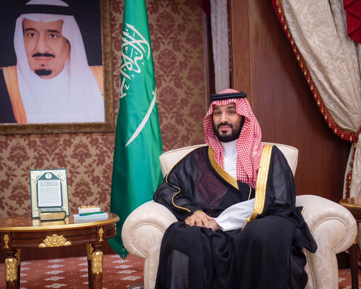 epa10677641 A handout photo made available by Saudi Royal Palace shows Saudi Crown Prince and Prime Minister Mohammed bin Salman during a meeting with the US Secretary of State at Al-Salam Palace in J ...