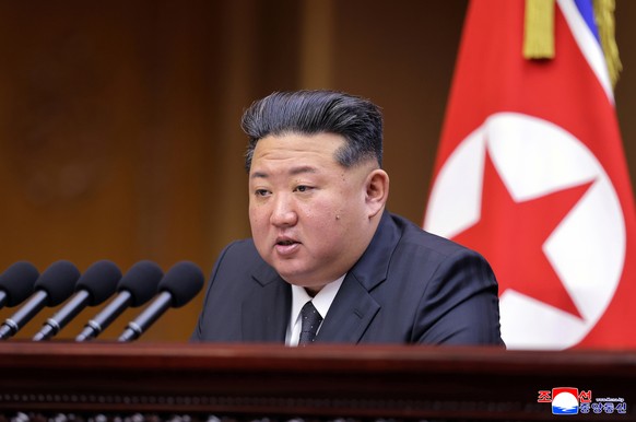 epa12397003 An undated photo released by the official North Korean Central News Agency (KCNA) shows North Korean Leader Kim Jong Un speaking during the 13th Session of the 14th Supreme People&#039;s A ...