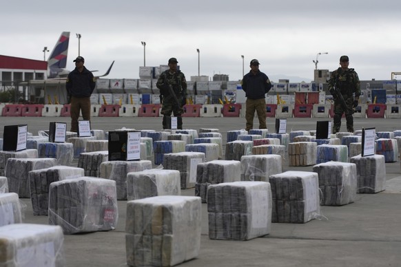Seized drugs are shown to the press on Tuesday, October 1, at the police air base in Callao, Peru.  August 24, 2023. Police say the cocaine was seized during maritime operations last week.  (AP Photo/Guadalup...