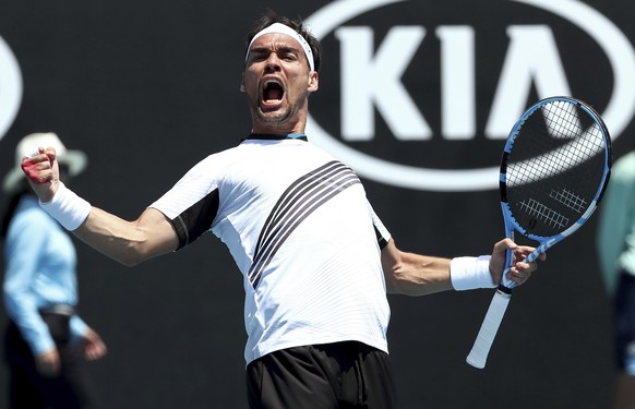 Italy&#039;s Fabio Fognini celebrates after defeating Reilly Opelka of the U.S. in their first round singles match at the Australian Open tennis championship in Melbourne, Australia, Tuesday, Jan. 21, ...