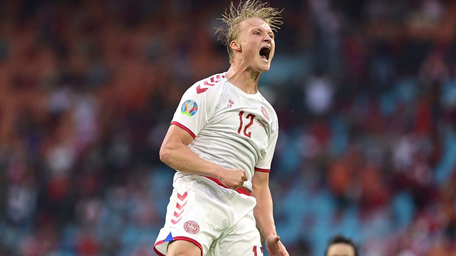 Denmark&#039;s Kasper Dolberg celebrates after scoring his side&#039;s second goal during the Euro 2020 soccer championship round of 16 match between Wales and Denmark at Johan Cruyff ArenA in Amsterd ...