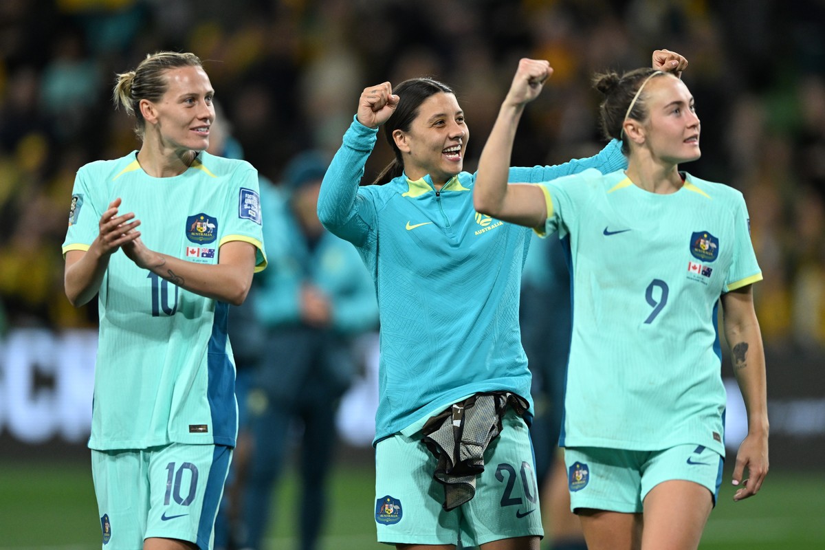epa10778591 Caitlin Foord, Emily Van Egmond and Sam Kerr of Australia celebrate following their win over Canada during the FIFA Women's World Cup 2023 soccer Group B match between Ireland and Nig ...
