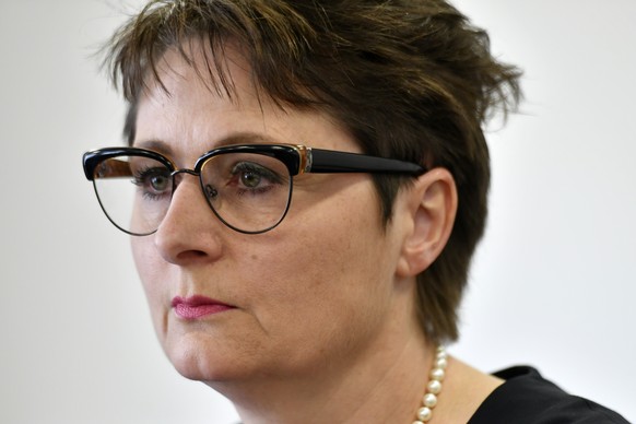 Die Aargauer Gesundheitsdirektorin Franziska Roth (SVP) an einer Medienkonferenz in Aarau am Dienstag. 23. April 2019. (KEYSTONE/Walter Bieri)