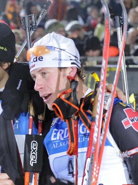 Second placed German team Alexander Roesch, Christoph Stephan, Arnd Peiffer and Toni Lang, from left, celebrate after the men&#039;s 4 x 7.5 kilometers relay race at the Biathlon World Cup in Ruhpoldi ...