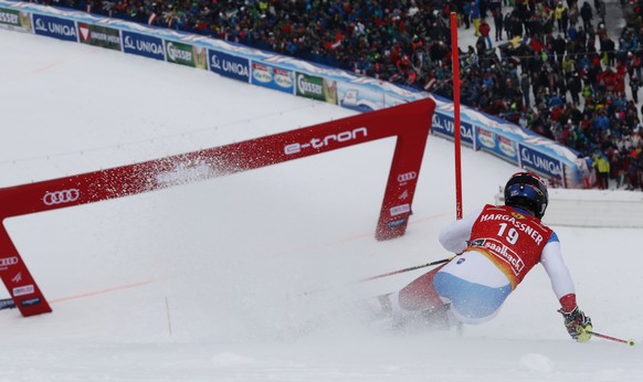 Switzerland&#039;s Loic Meillard speeds down the course one his way to take second place during a ski World Cup men&#039;s Slalom race, in Saalbach-Hinterglemm, Austria, Thursday, Dec. 20, 2018. (AP P ...