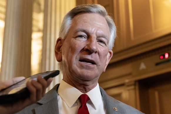 epa10738552 Republican Senator from Alabama Tommy Tuberville speaks to members of the news media after leaving the Senate floor on Capitol Hill in Washington, DC, U.S., July 10, 2023. Tuberville has been blocked…
