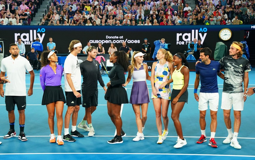 epa08129964 (L-R) Nick Kyrgios of Australia, Naomi Osaka of Japan, Alexander Zverev of Germany, Dominic Thiem of Austria, Serena Williams of the USA, Caroline Wozniacki of Denmark, Petra Kvitova of th ...