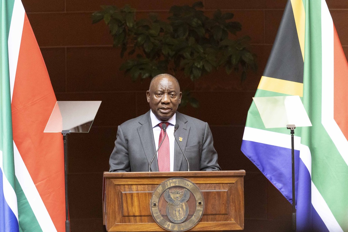 epa11342044 South African President Cyril Ramaphosa address the nation prior to signing the National Health Insurance Bill into law at a signing ceremony at the Union Buildings, Pretoria, South Africa ...