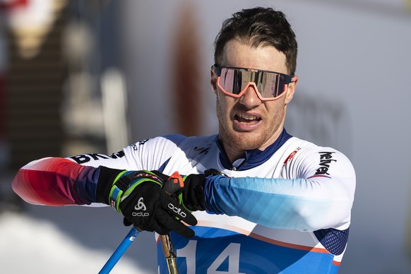 Switzerland&#039;s Dario Cologna reacts during the men 30km cross country skiathlon in the Cross Country Arena at the 2019 Nordic Skiing World Championships in Seefeld, Austria, on Saturday, 23 Februa ...