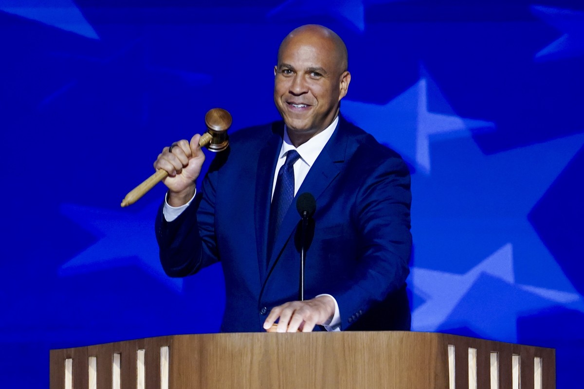 epa11558647 DNC Co-Chair and US Senator from New Jersey Cory Booker gavels open the third night of the Democratic National Convention (DNC) at the United Center in Chicago, Illinois, USA, 21 August 20 ...