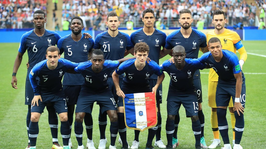 France v Croatia - FIFA World Cup WM Weltmeisterschaft Fussball 2018 - Final - Luzhniki Stadium Back row, left to right, France s Paul Pogba, Samuel Umtiti, Lucas Hernandez, Raphael Varane, Olivier Gi ...