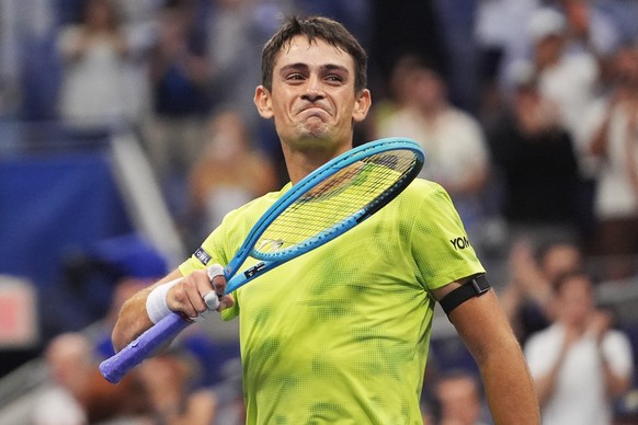 Mariano Navone, of Argentina, celebrates after he defeated Novak Djokovic, of Serbia, during the first round of the U.S. Open tennis championships Sunday, Aug. 30, 2026, in New York. (AP Photo/Frank F ...