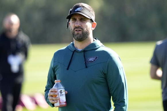 Philadelphia Eagle head coach Nick Sirianni watches his players during an NFL football Super Bowl team practice, Wednesday, Feb. 8, 2023, in Tempe, Ariz. The Eagles will face the Kansas City Chiefs in ...