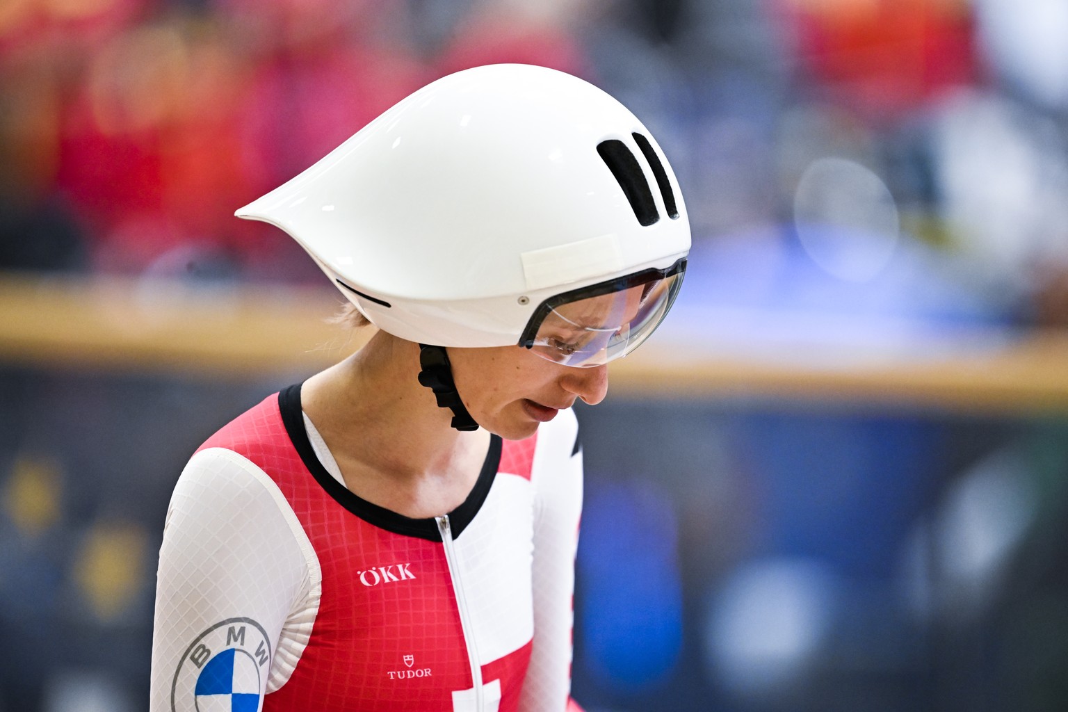 Elena Hartmann of Switzerland during the women's individual pursuit of the elite European Cycling Championships qualifier at the UEC velodrome Suisse in Grenchen, Switzerland, Saturday, in…